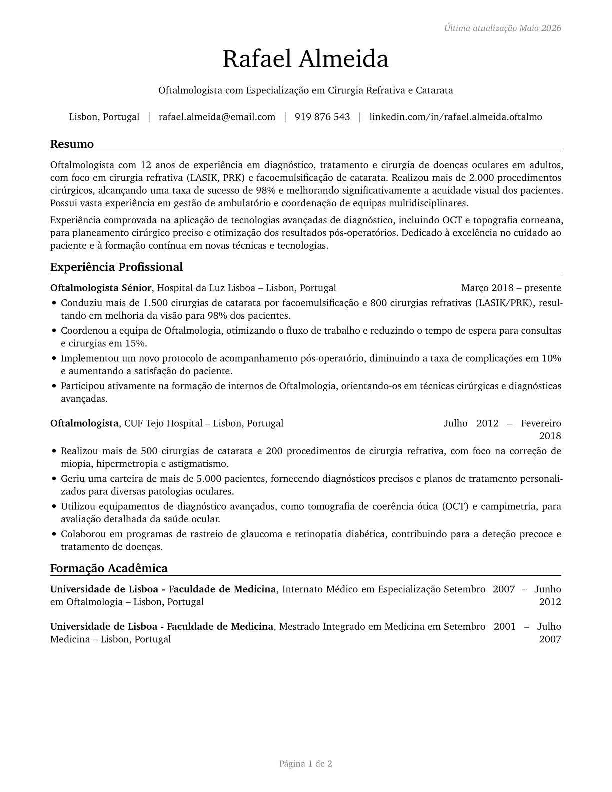 Ophthalmologists, Except Pediatric CV in Portuguese — page 1