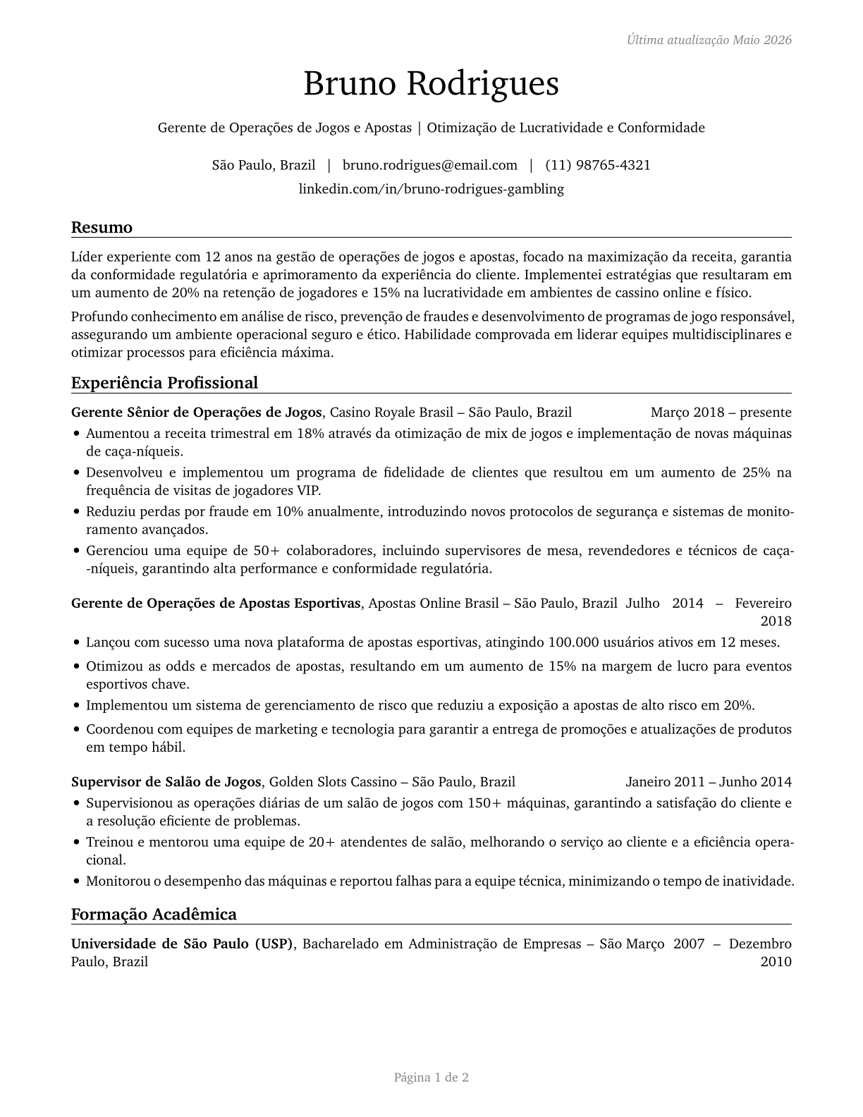 Gambling Managers CV in Portuguese — page 1