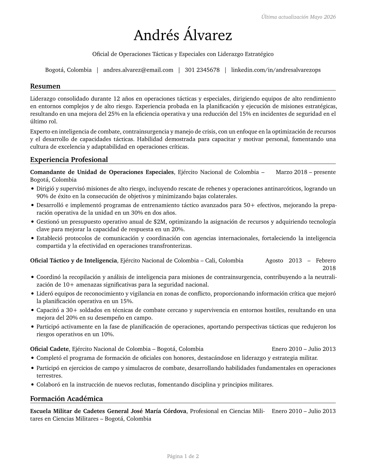 Military Officer Special and Tactical Operations Leaders, All Other CV in Spanish — page 1