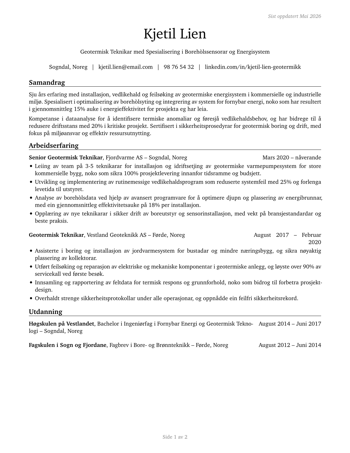 Geothermal Technicians CV in Norwegian_nynorsk — page 1