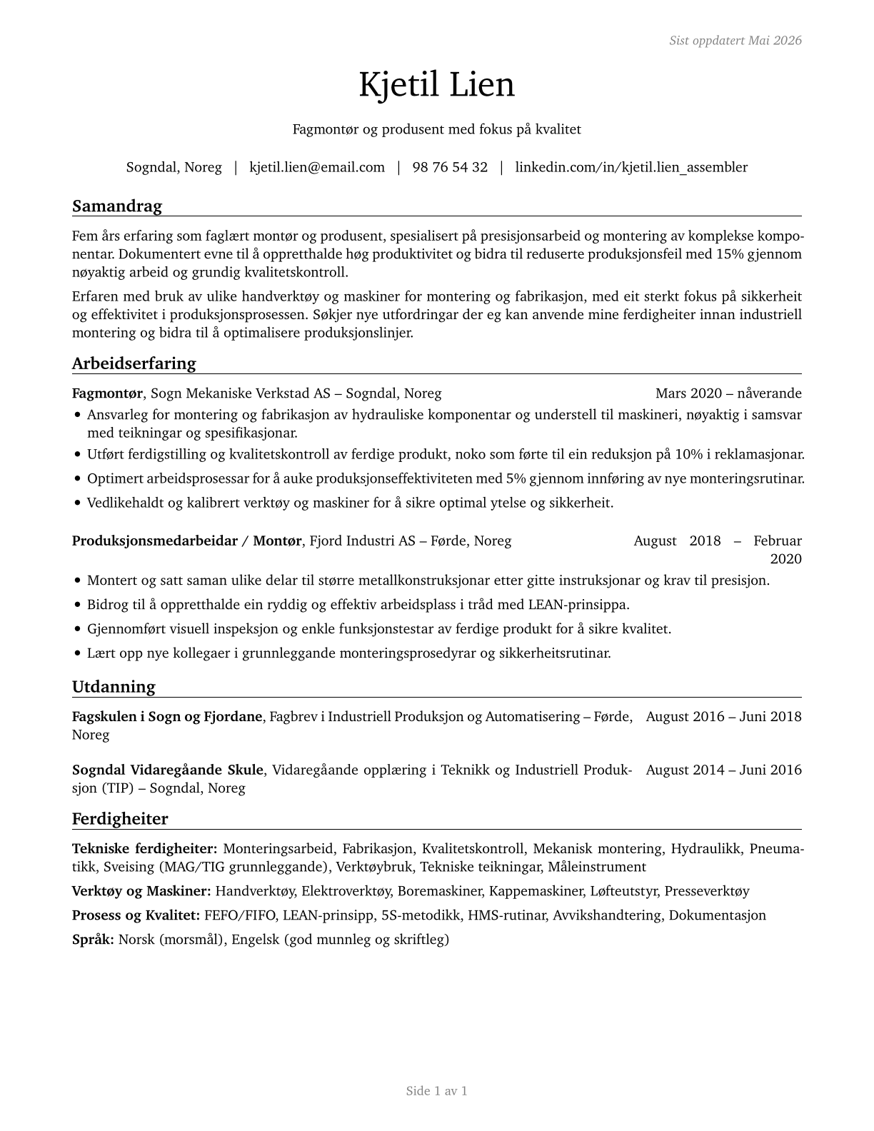 Assemblers and Fabricators, All Other CV in Norwegian_nynorsk — page 1