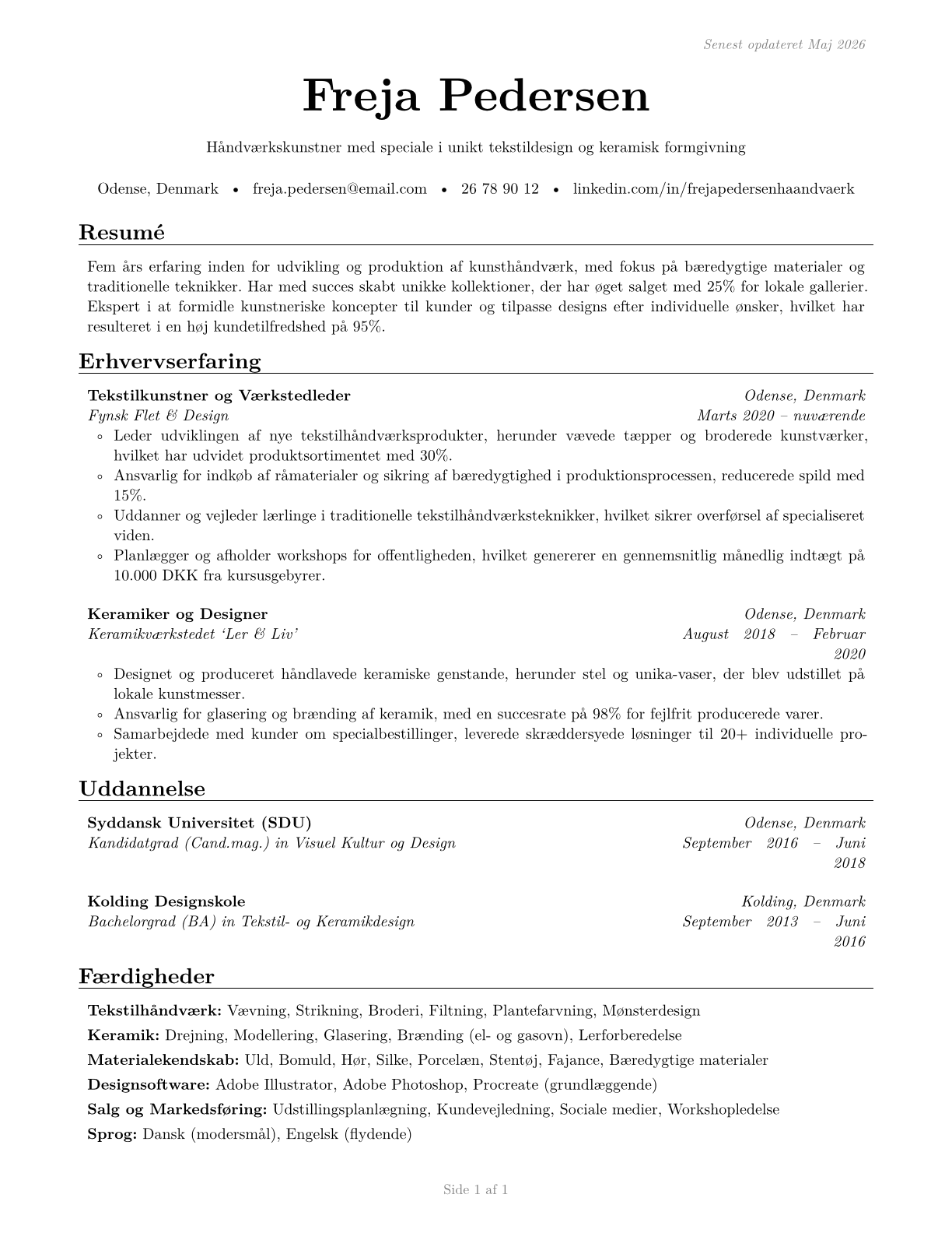 Craft Artists CV in Danish — page 1