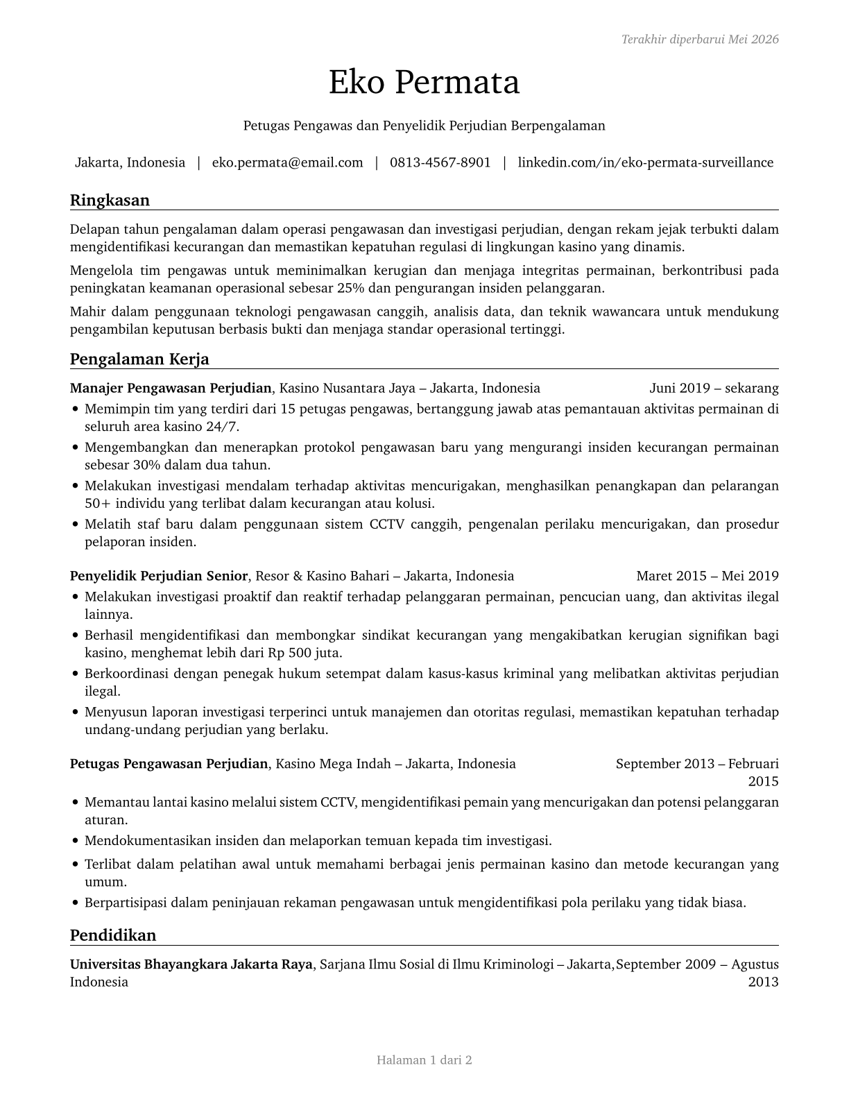 Gambling Surveillance Officers and Gambling Investigators CV in Indonesian — page 1