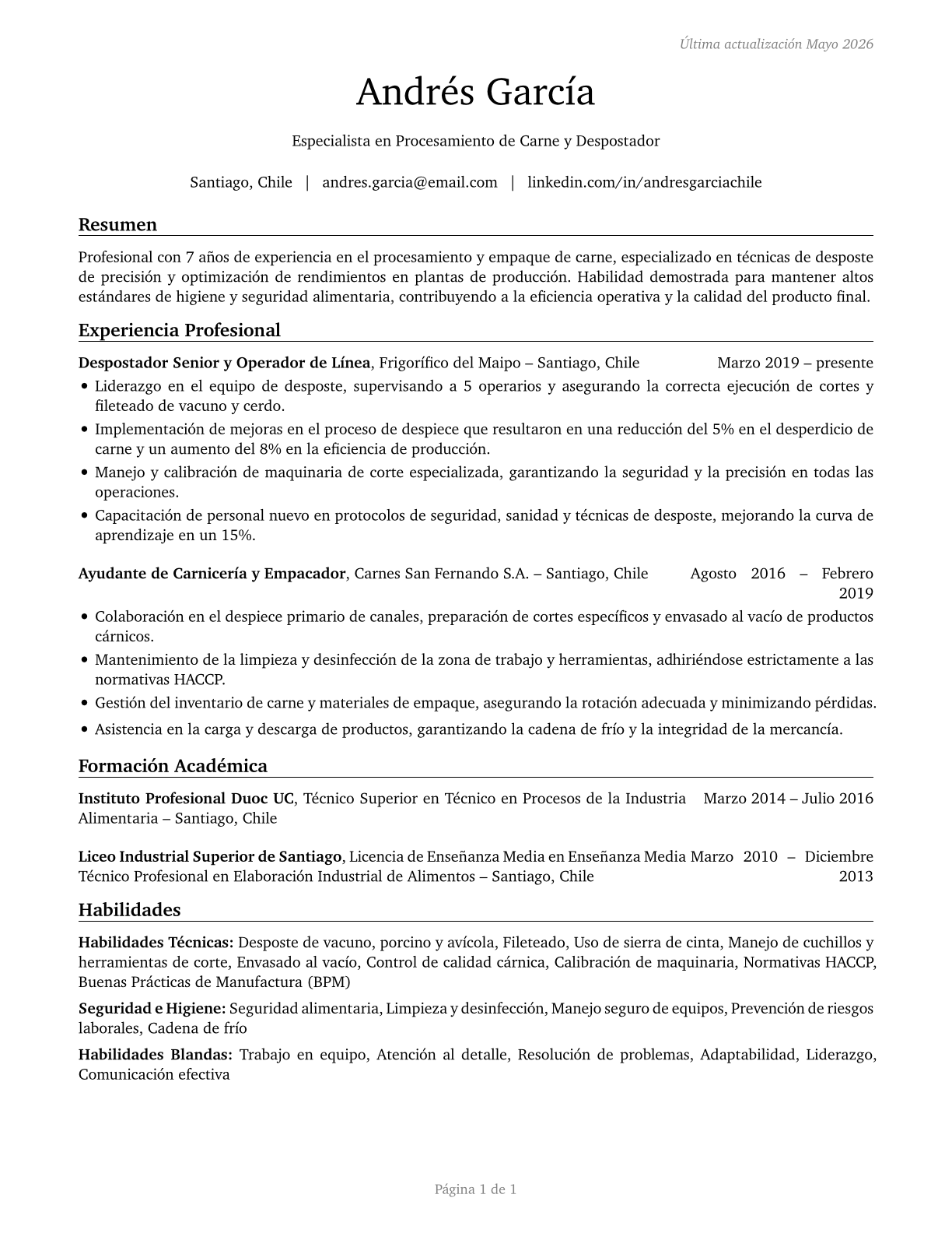 Slaughterers and Meat Packers CV in Spanish — page 1
