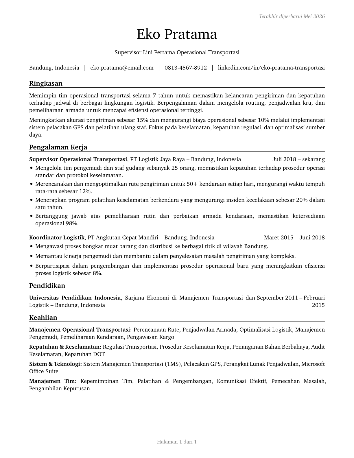 First-Line Supervisors of Transportation Workers, All Other CV in Indonesian — page 1