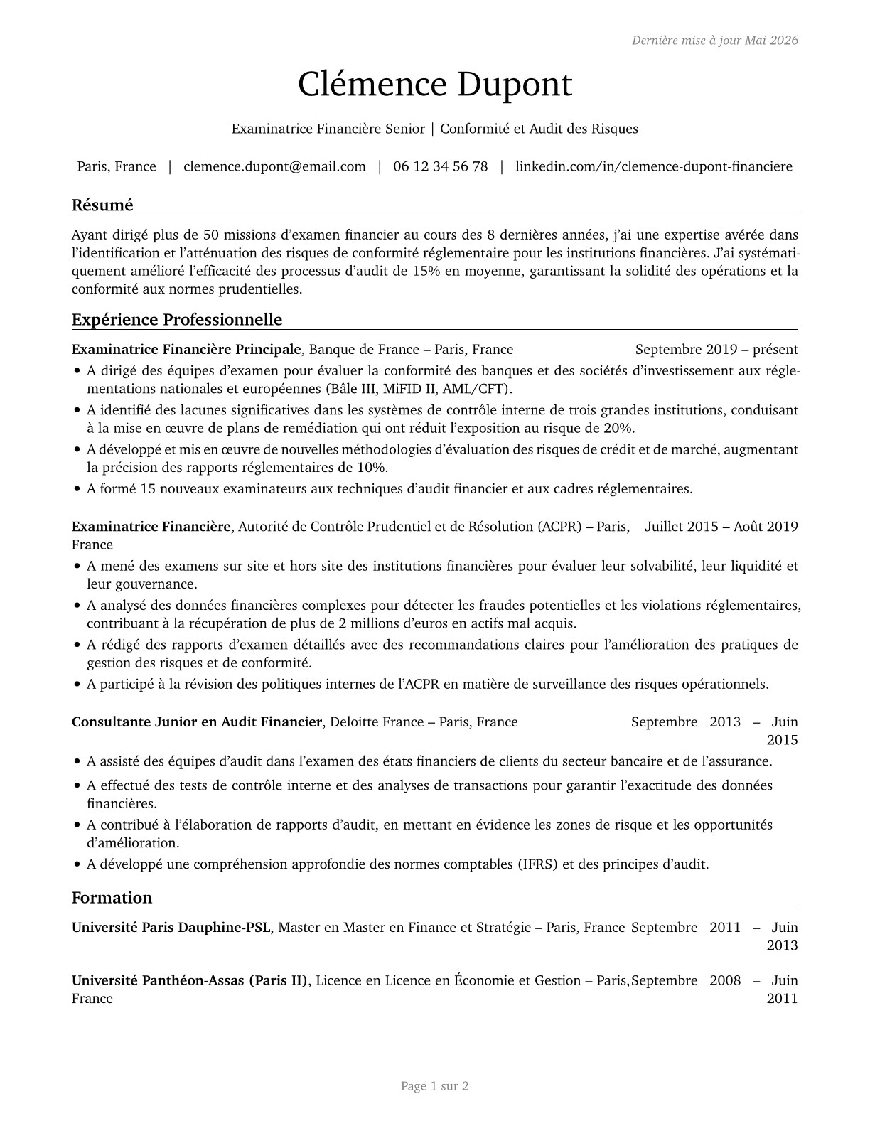 Financial Examiners CV in French — page 1