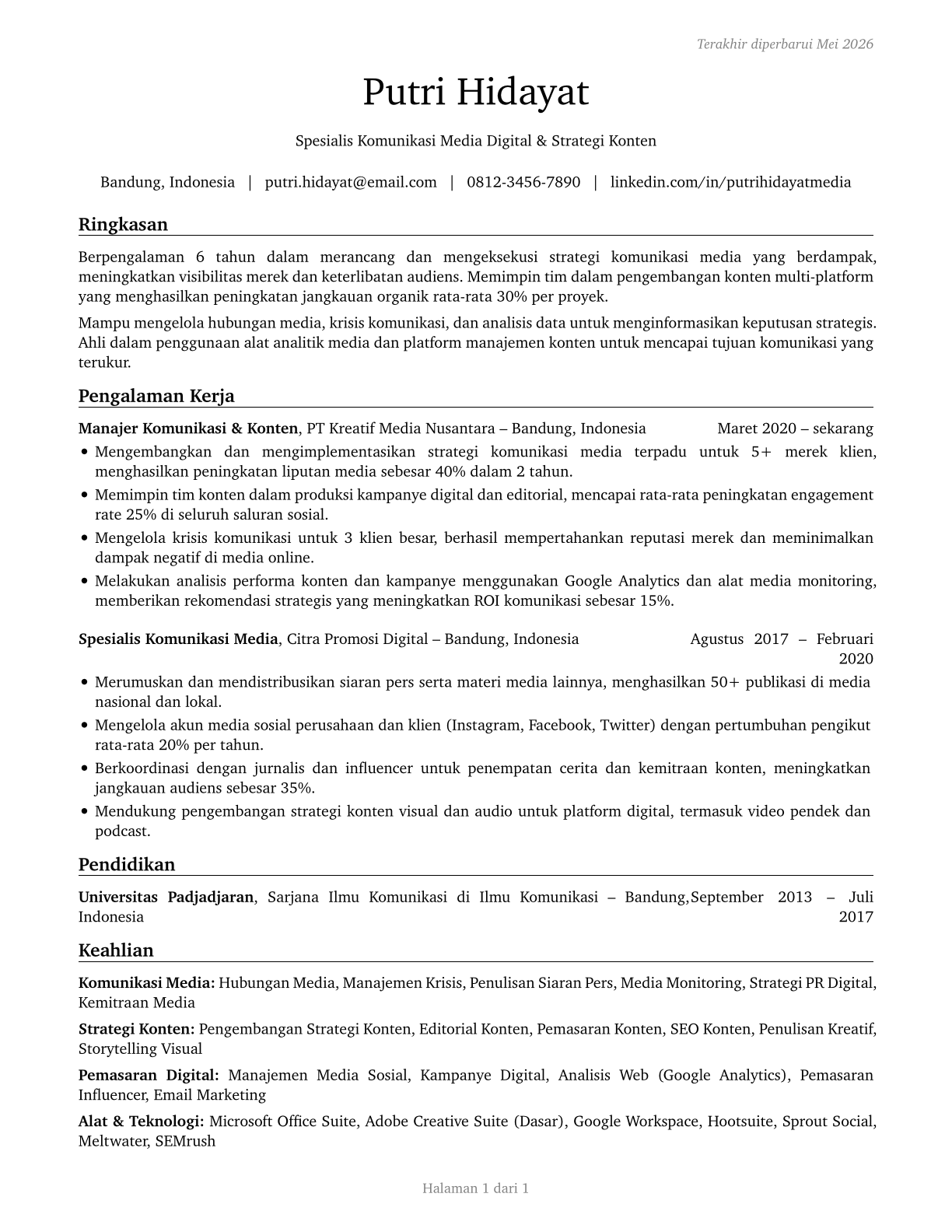 Media and Communication Workers, All Other CV in Indonesian — page 1