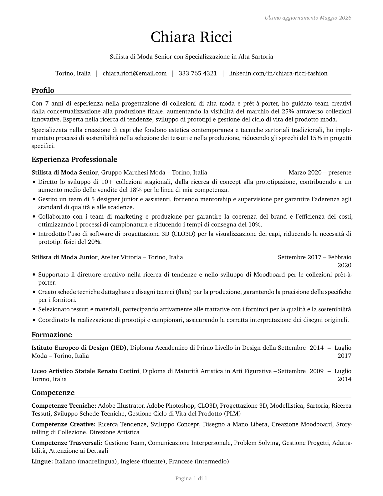 Fashion Designers CV in Italian — page 1