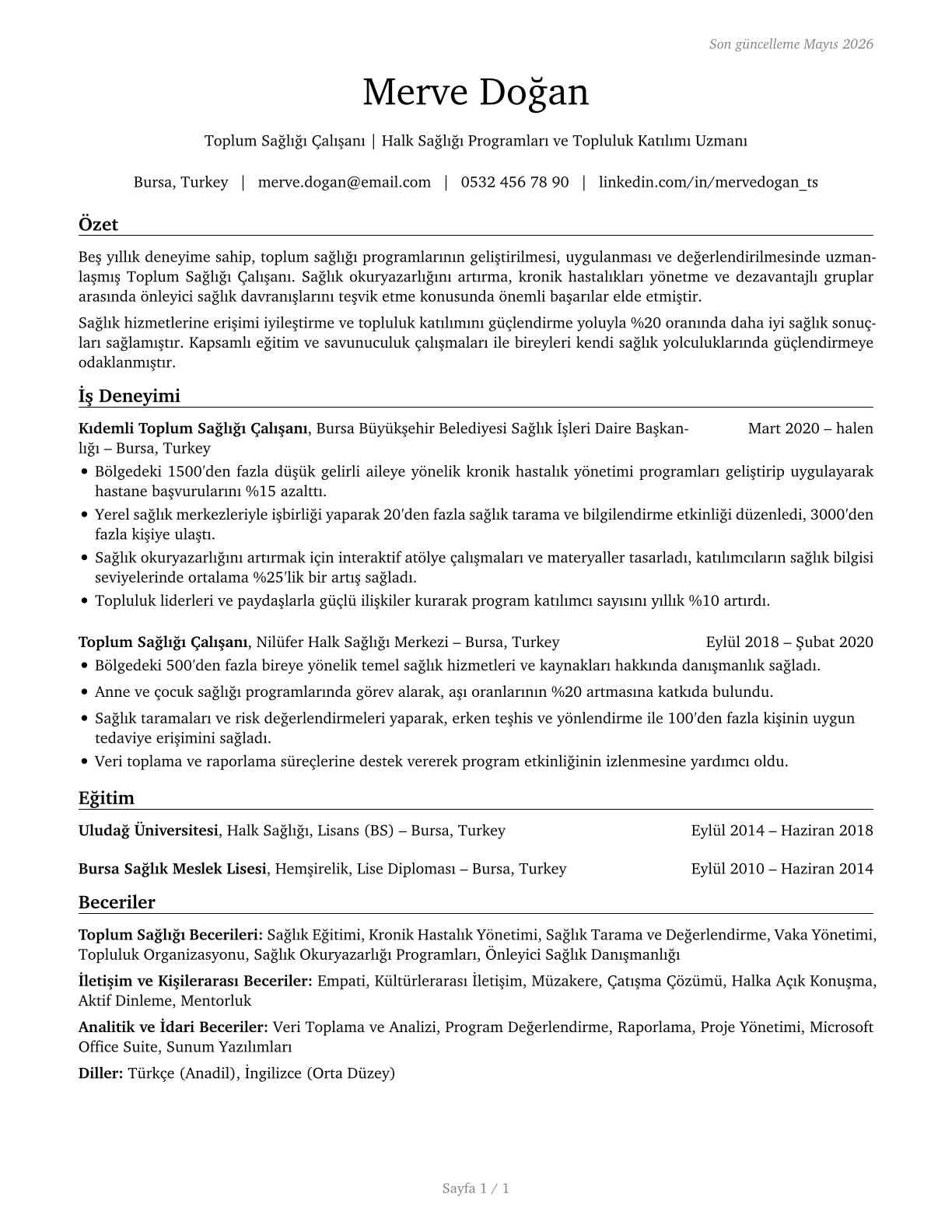 Community Health Workers CV in Turkish — page 1