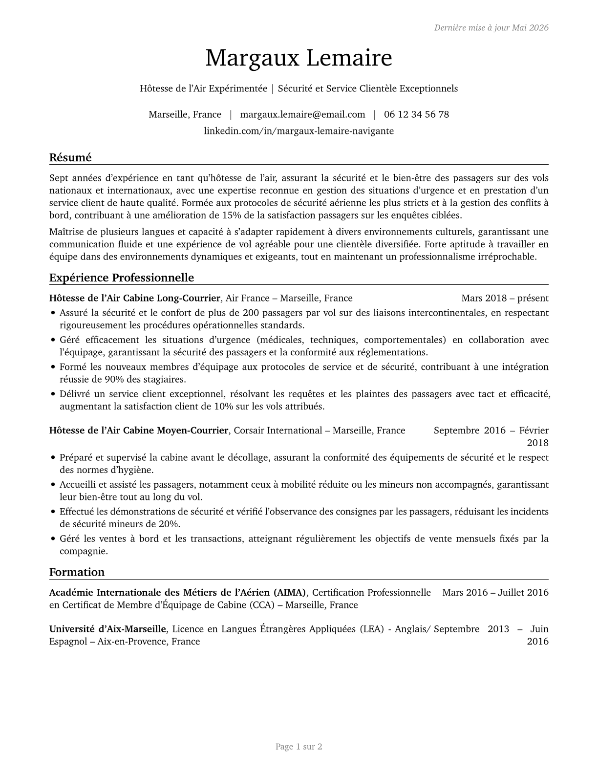 Flight Attendants CV in French — page 1