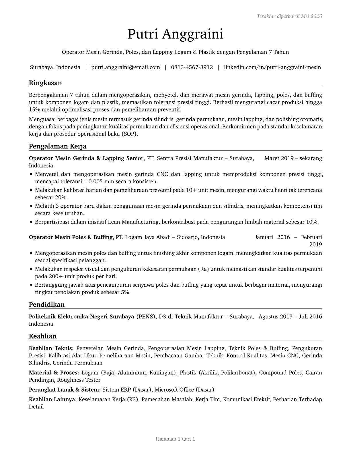 Grinding, Lapping, Polishing, and Buffing Machine Tool Setters, Operators, and Tenders, Metal and Plastic CV in Indonesian — page 1