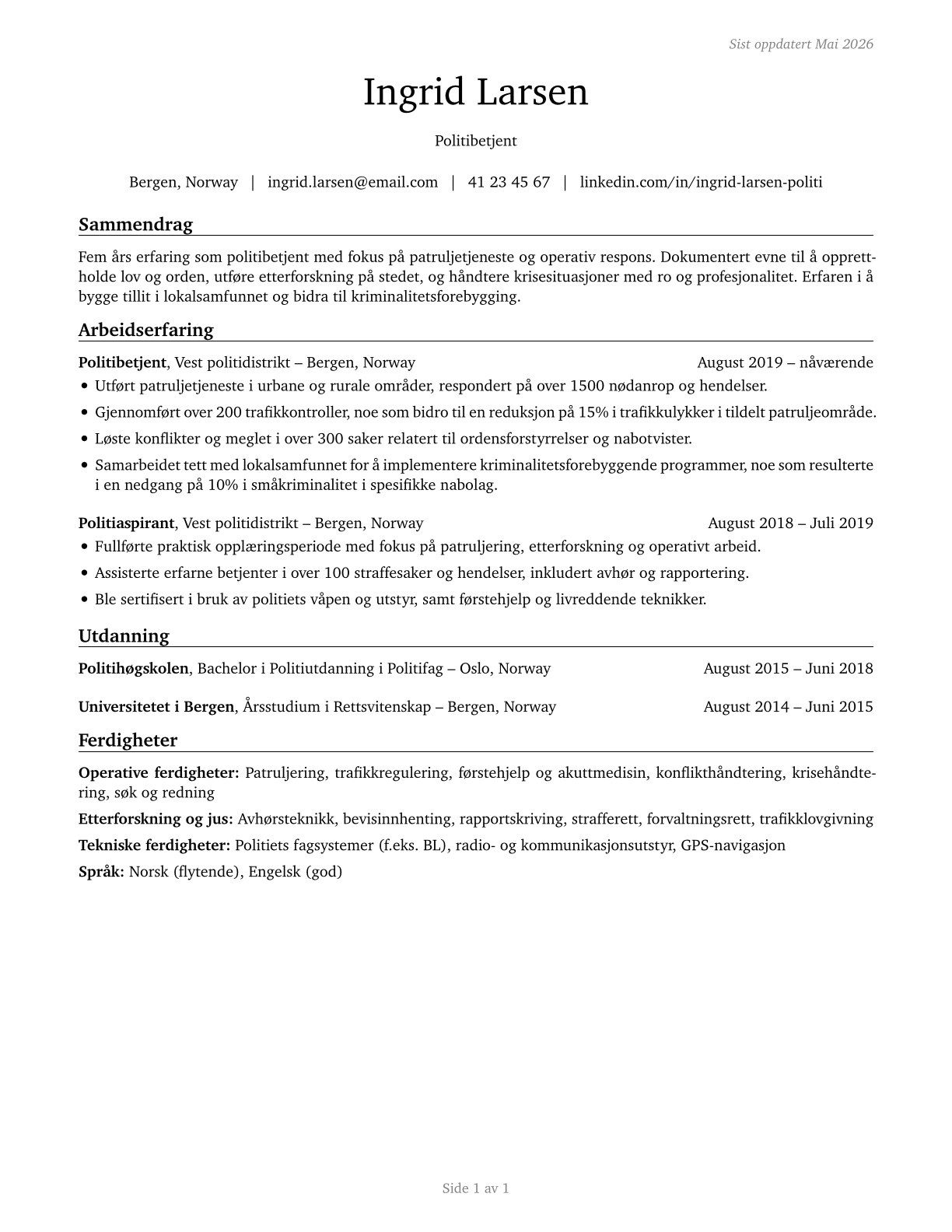 Police and Sheriff's Patrol Officers CV in Norwegian_bokmal — page 1