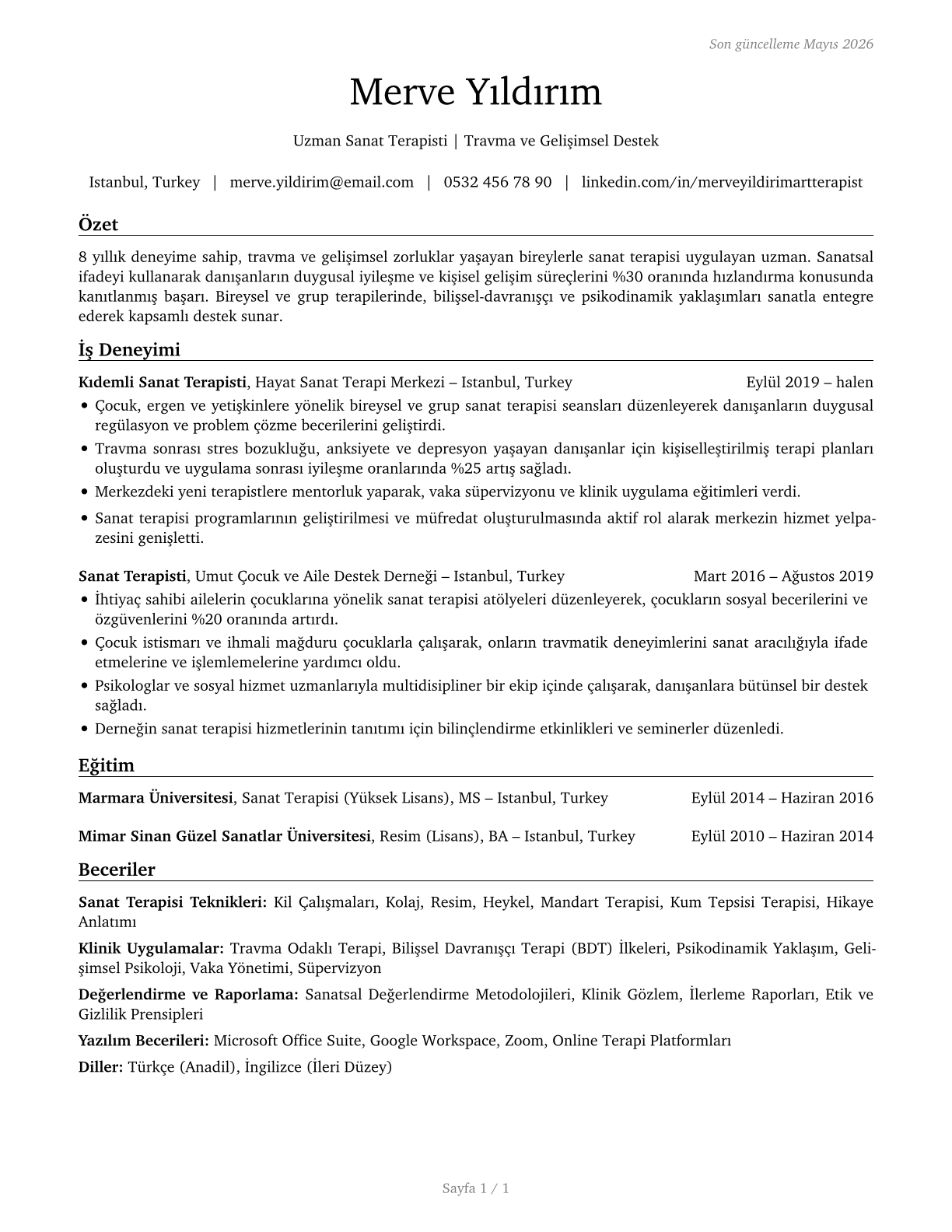 Art Therapists CV in Turkish — page 1