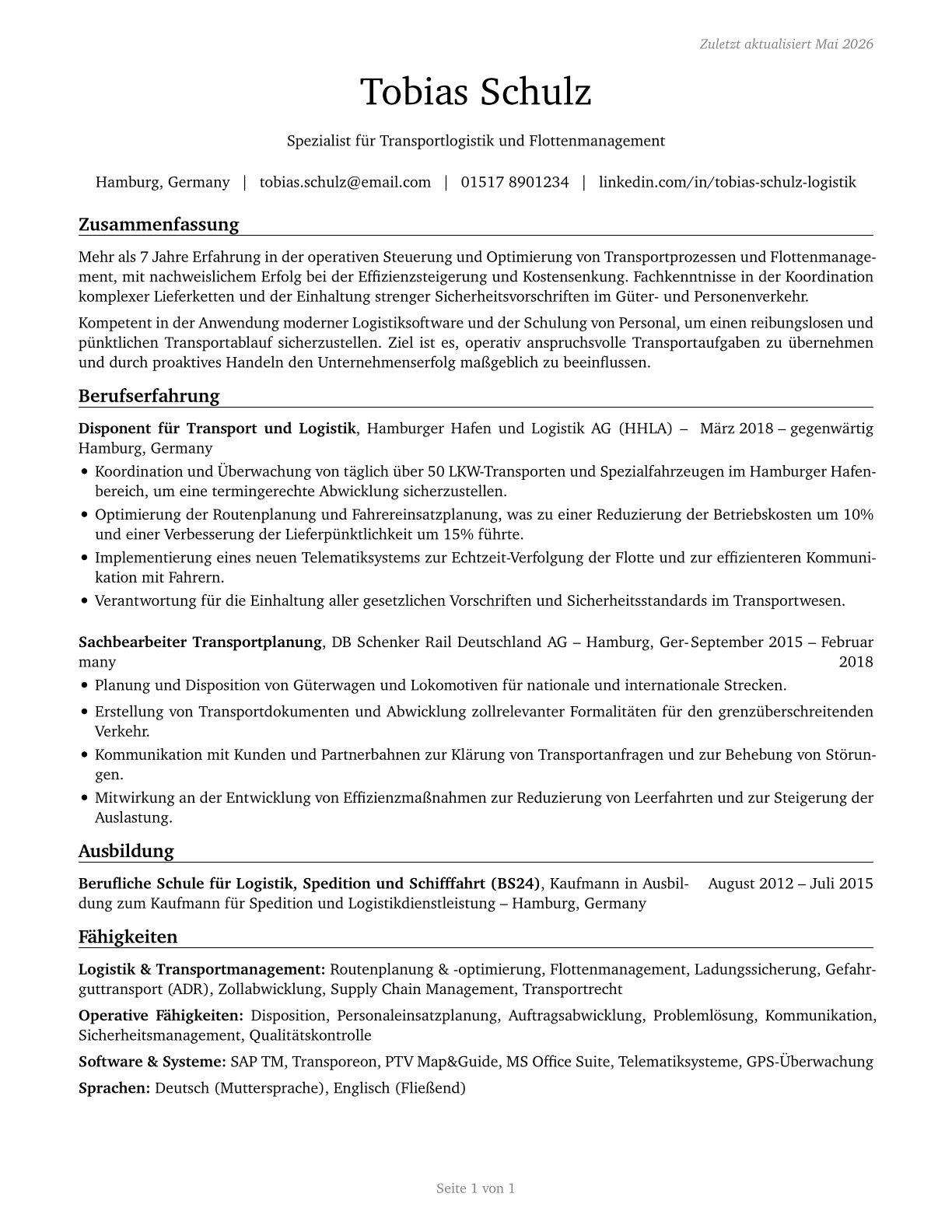 Transportation Workers, All Other CV in German — page 1