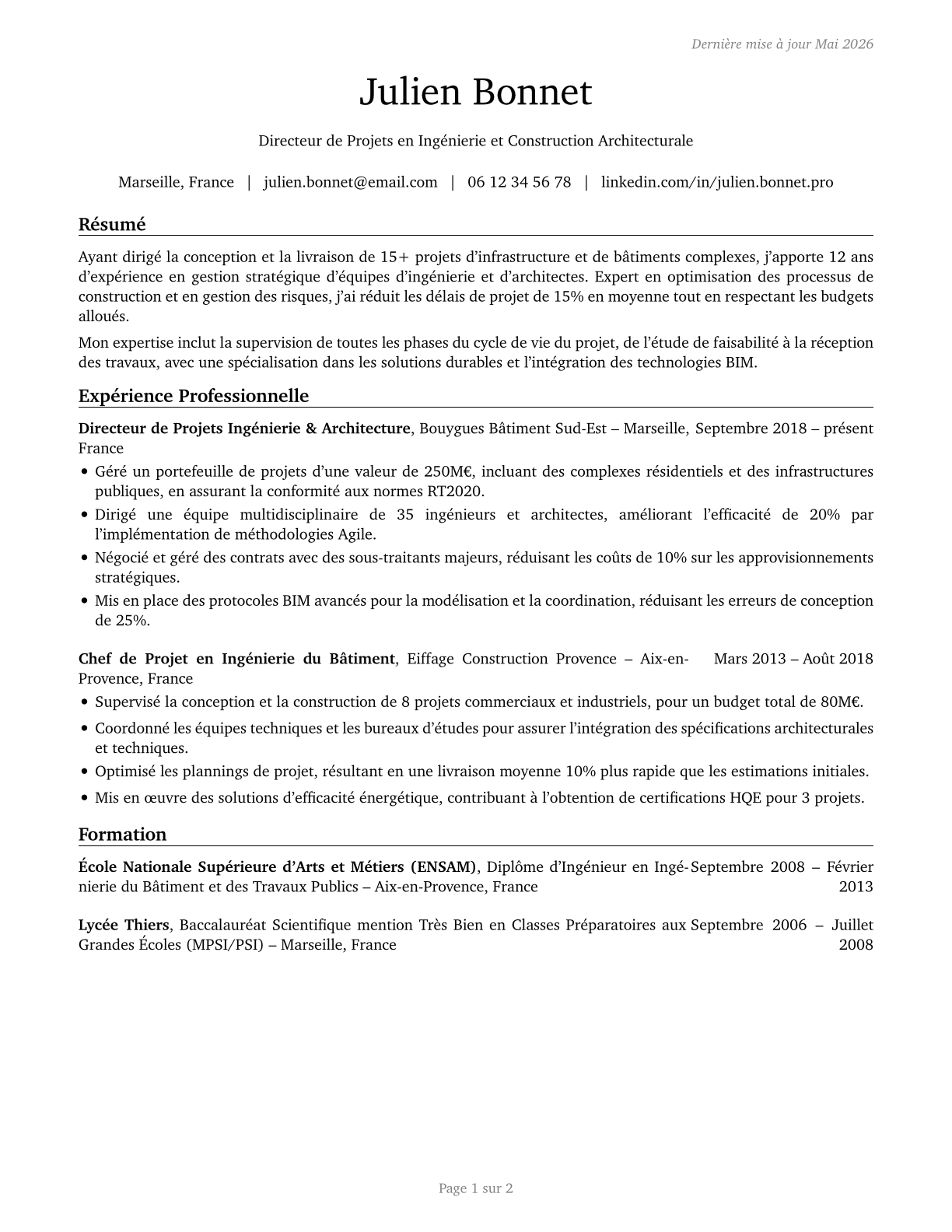 Architectural and Engineering Managers CV in French — page 1
