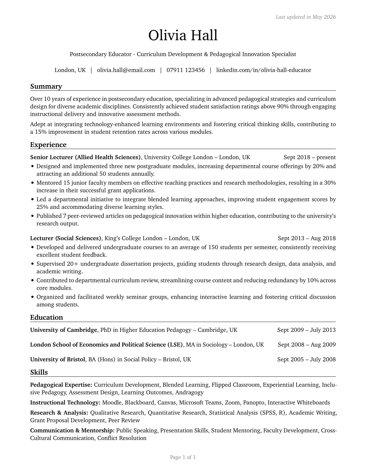 Postsecondary Teachers, All Other CV in English — page 1