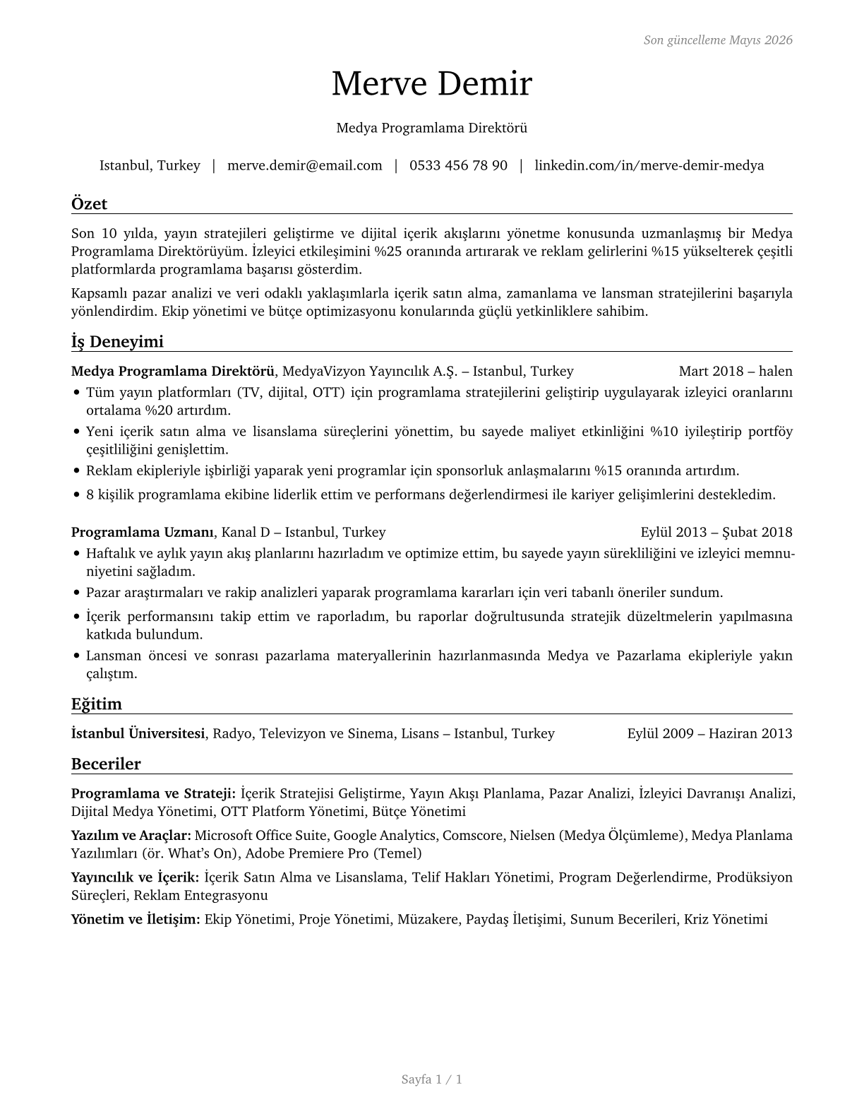 Media Programming Directors CV in Turkish — page 1