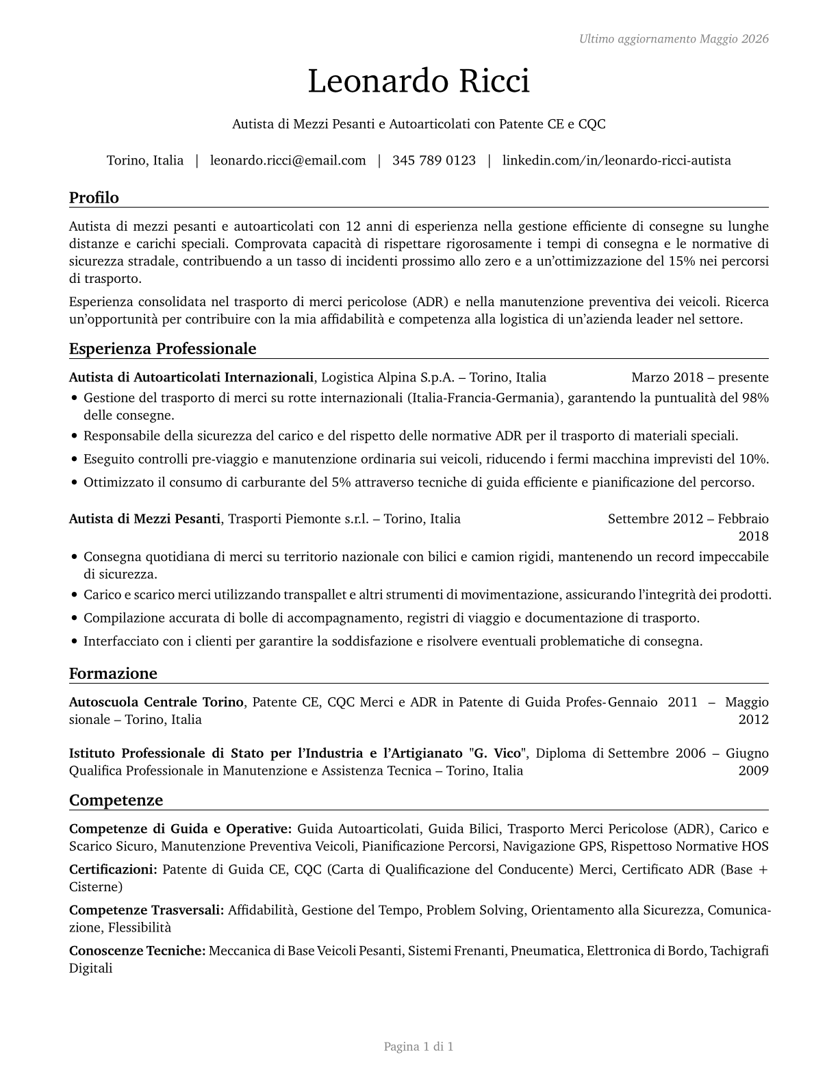 Heavy and Tractor-Trailer Truck Drivers CV in Italian — page 1