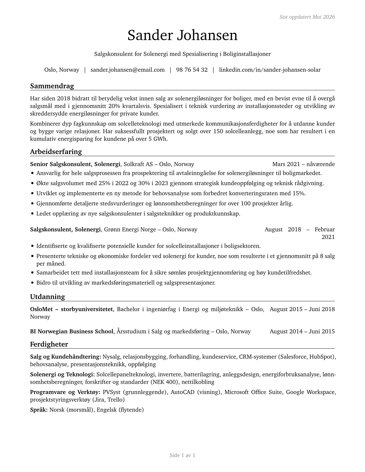Solar Sales Representatives and Assessors CV in Norwegian_bokmal — page 1