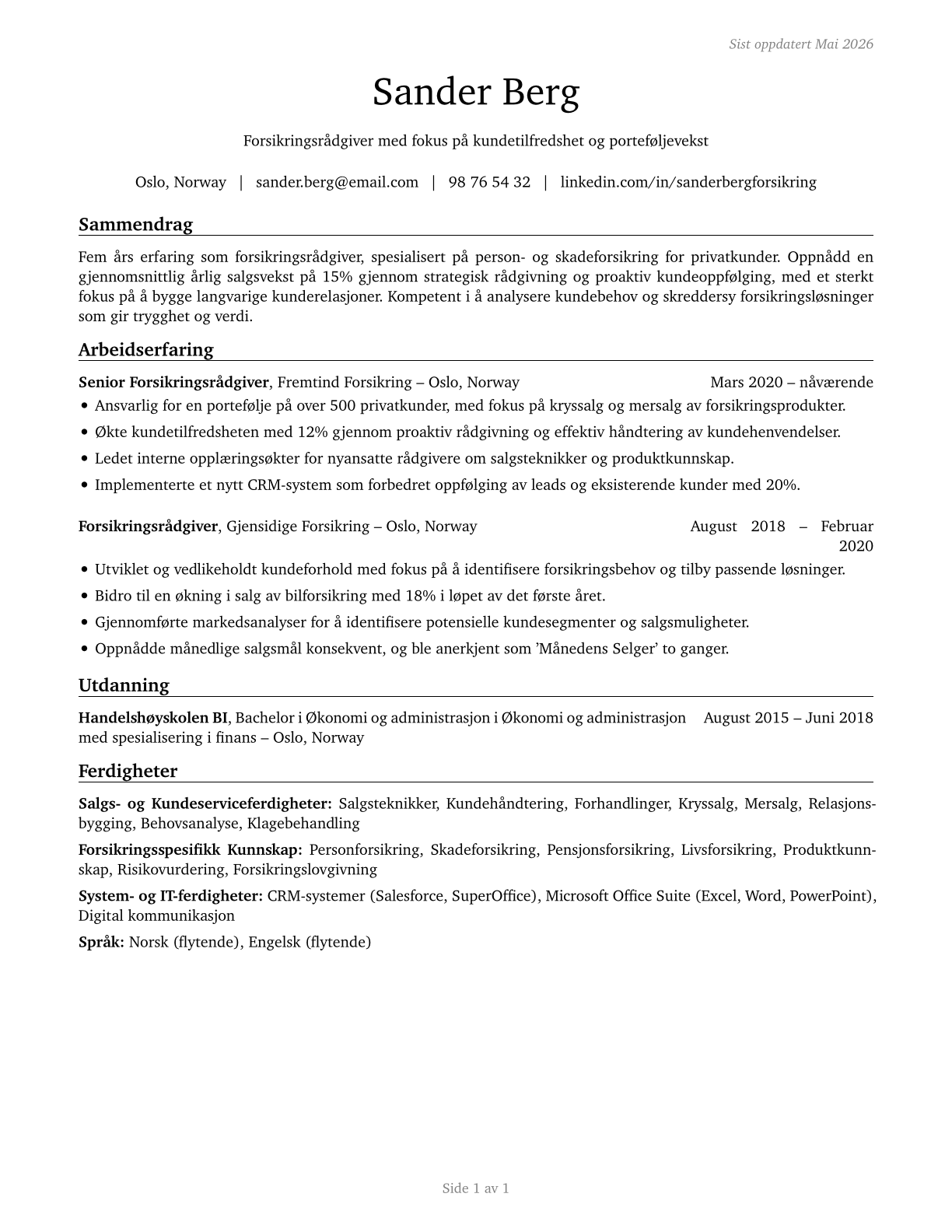 Insurance Sales Agents CV in Norwegian_bokmal — page 1