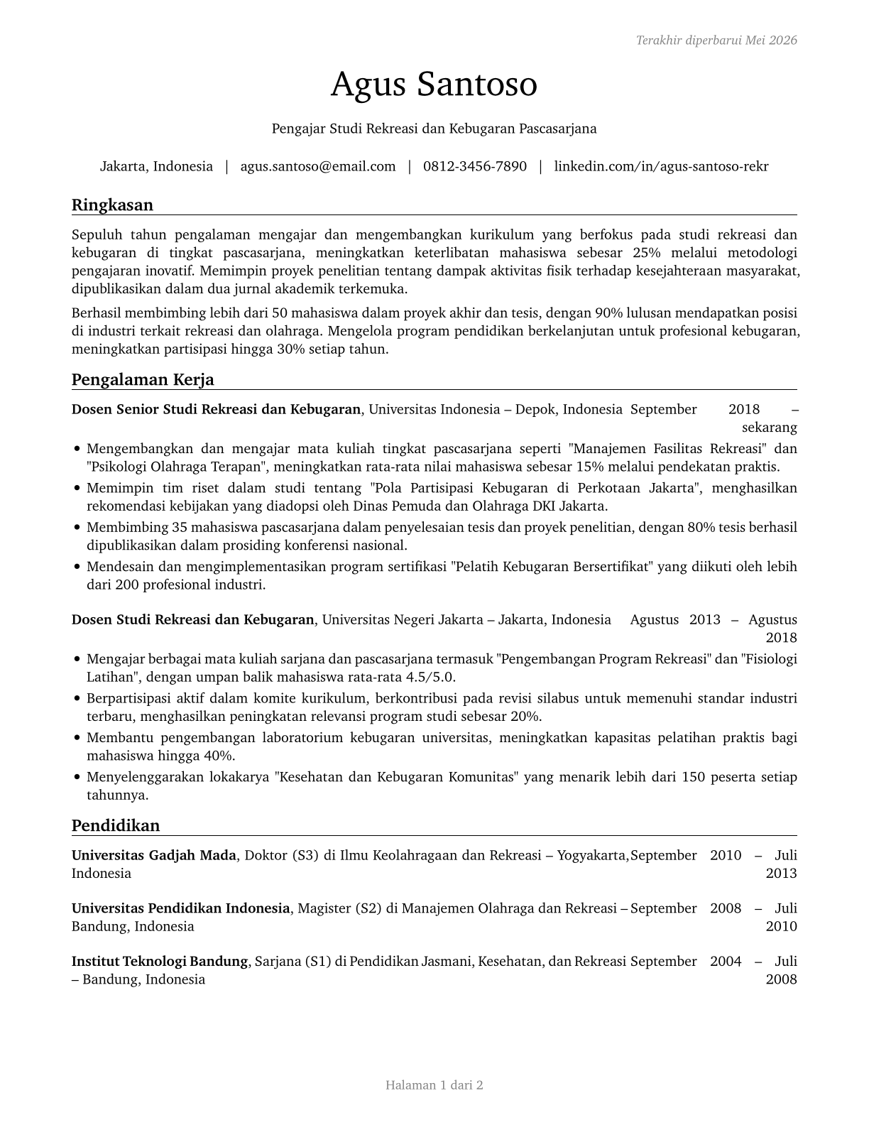 Recreation and Fitness Studies Teachers, Postsecondary CV in Indonesian — page 1
