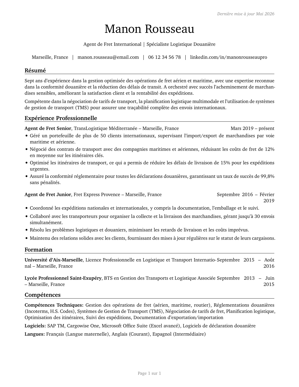 Cargo and Freight Agents CV in French — page 1