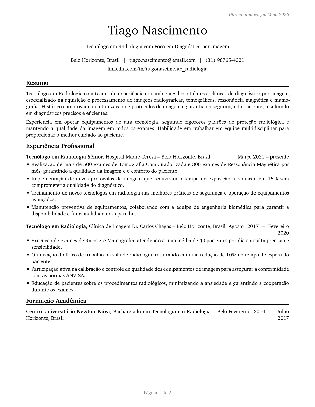 Radiologic Technologists and Technicians CV in Portuguese — page 1