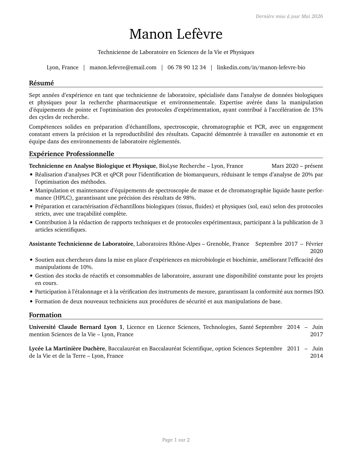 Life, Physical, and Social Science Technicians, All Other CV in French — page 1