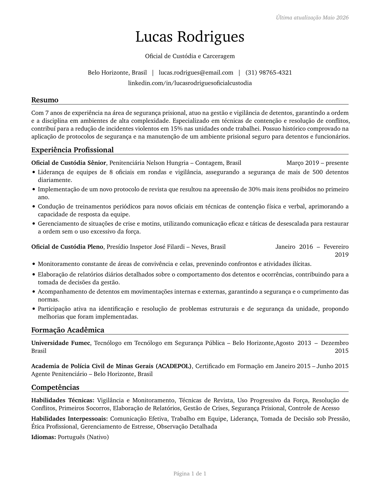 Correctional Officers and Jailers CV in Portuguese — page 1