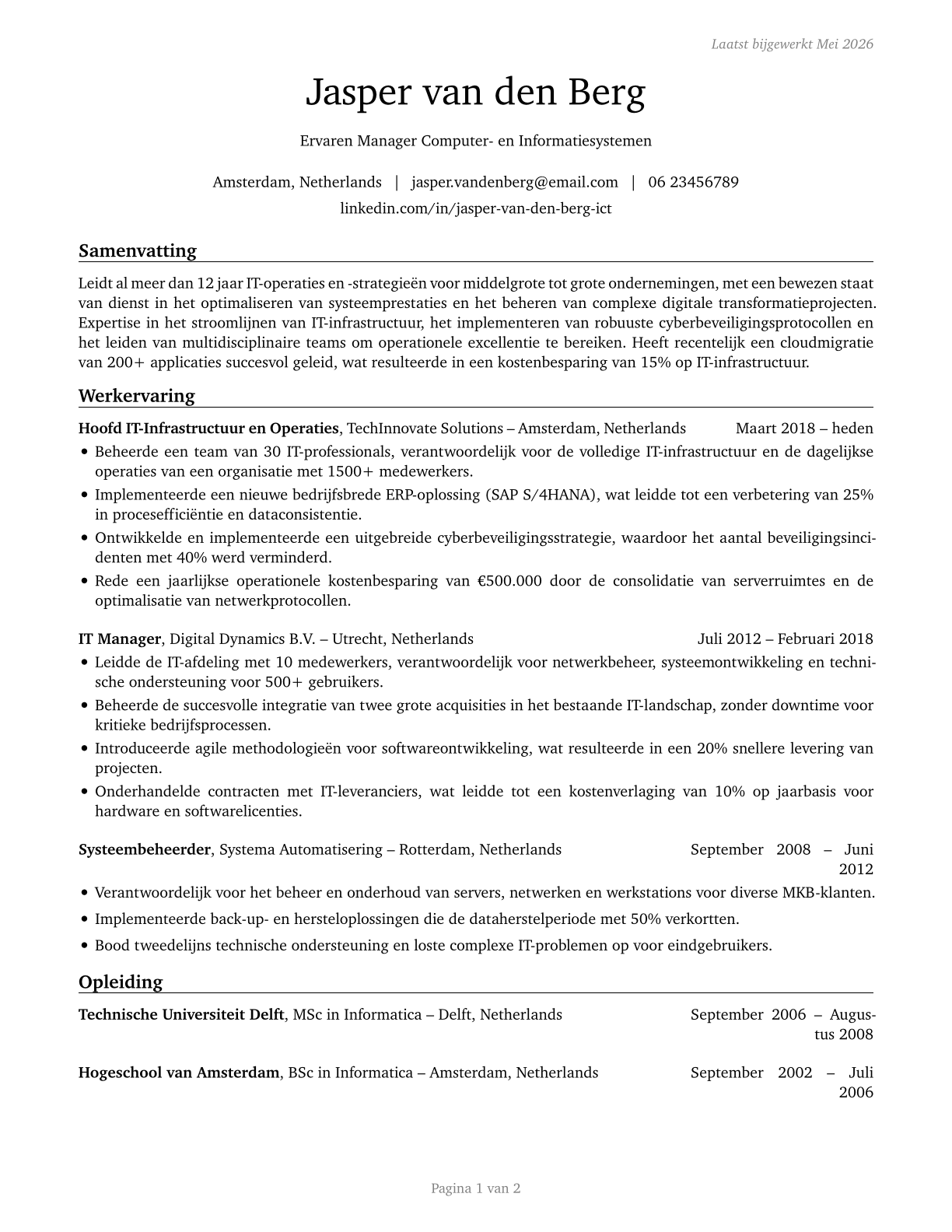 Computer and Information Systems Managers CV in Dutch — page 1