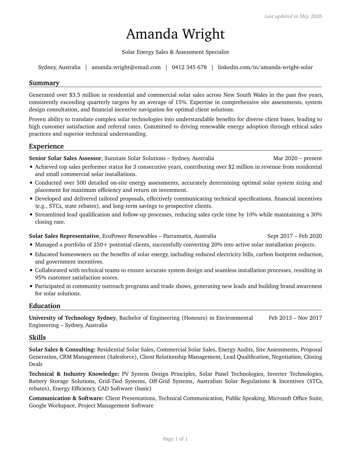 Solar Sales Representatives and Assessors CV in English — page 1