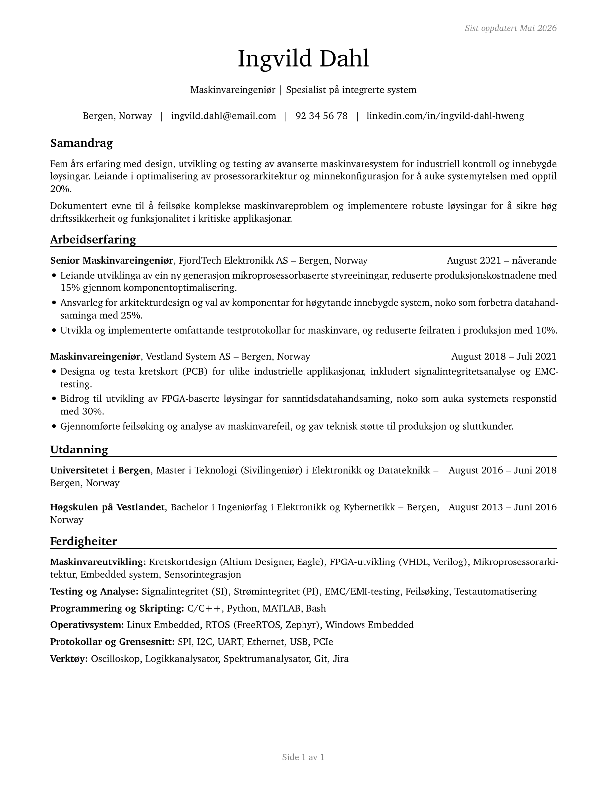 Computer Hardware Engineers CV in Norwegian_nynorsk — page 1