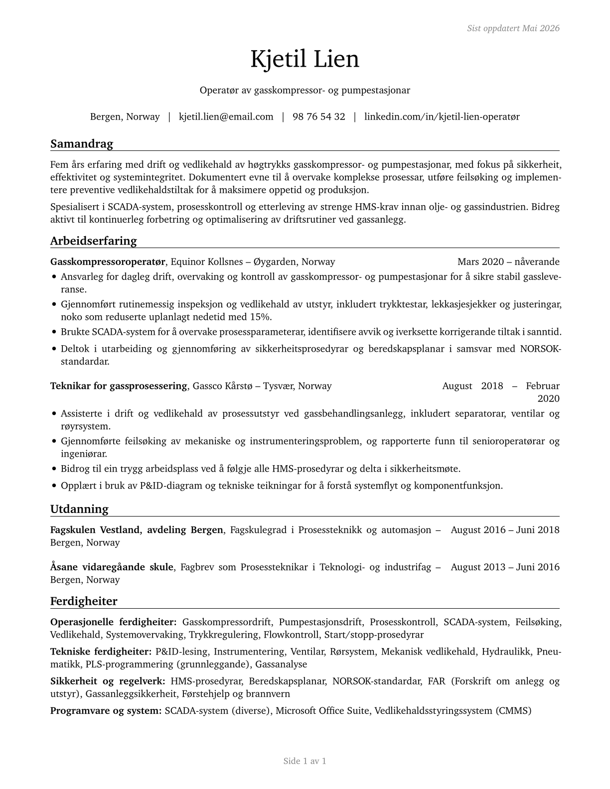 Gas Compressor and Gas Pumping Station Operators CV in Norwegian_nynorsk — page 1