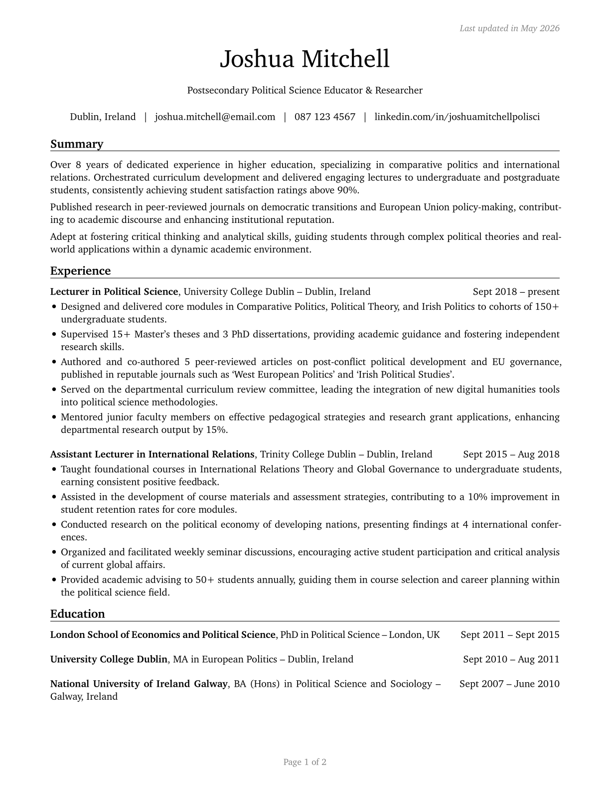 Political Science Teachers, Postsecondary CV in English — page 1