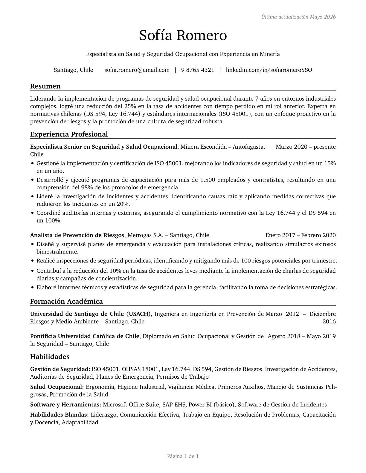 Occupational Health and Safety Specialists CV in Spanish — page 1