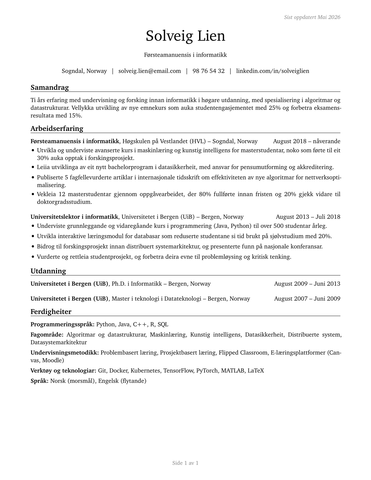 Computer Science Teachers, Postsecondary CV in Norwegian_nynorsk — page 1