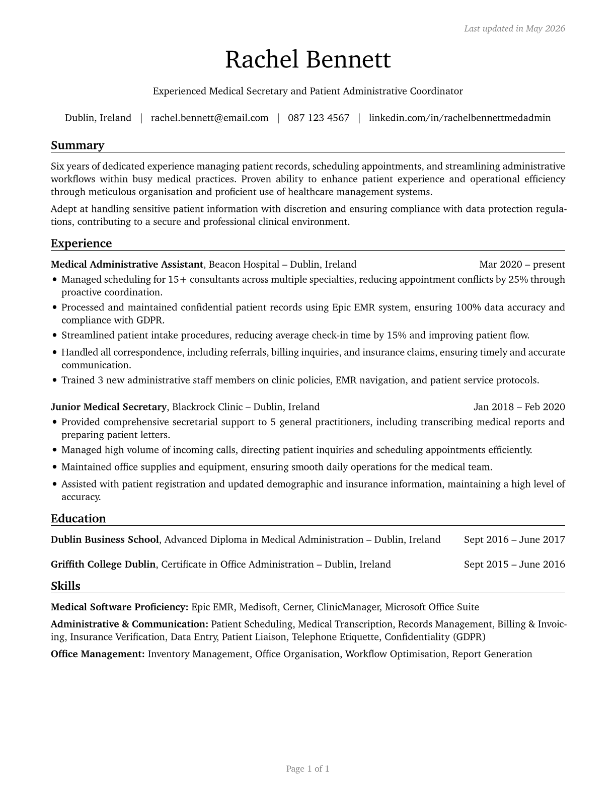 Medical Secretaries and Administrative Assistants CV in English — page 1
