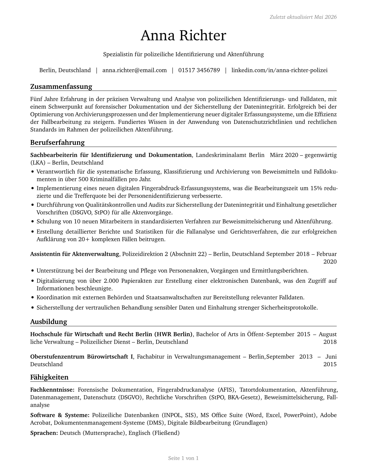 Police Identification and Records Officers CV in German — page 1