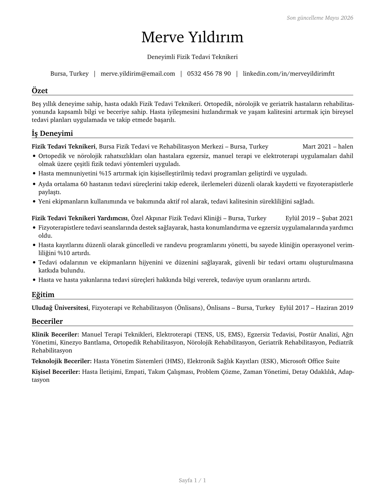 Physical Therapist Assistants CV in Turkish — page 1