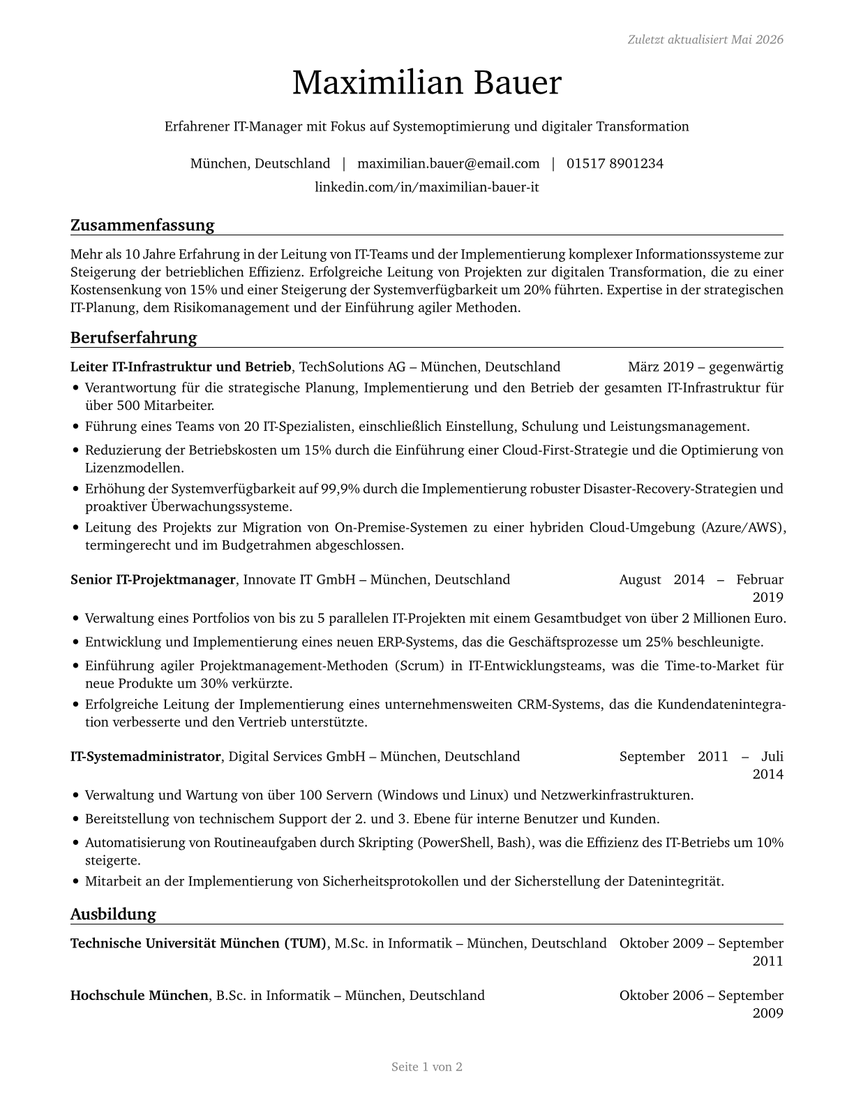 Computer and Information Systems Managers CV in German — page 1