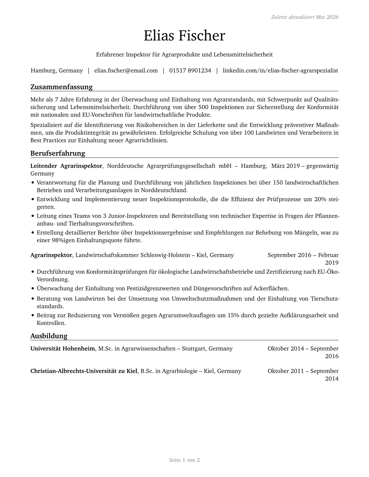 Agricultural Inspectors CV in German — page 1