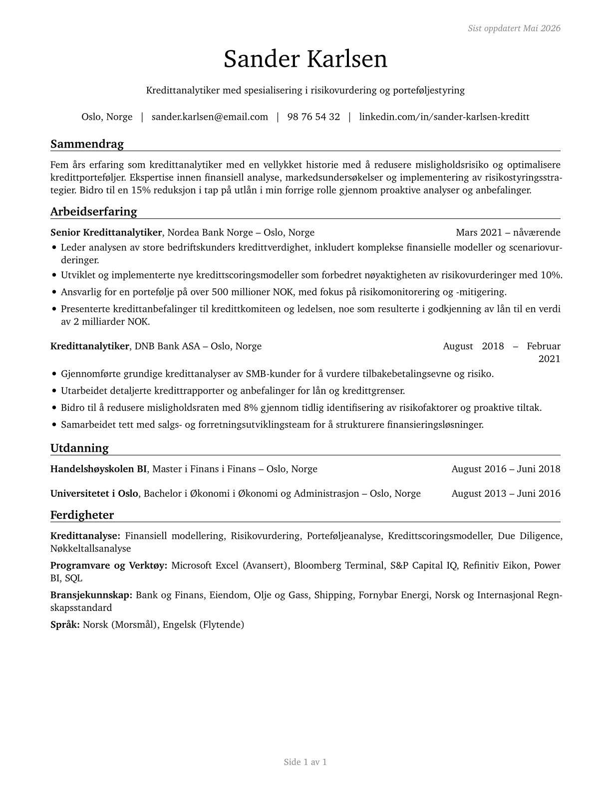 Credit Analysts CV in Norwegian_bokmal — page 1