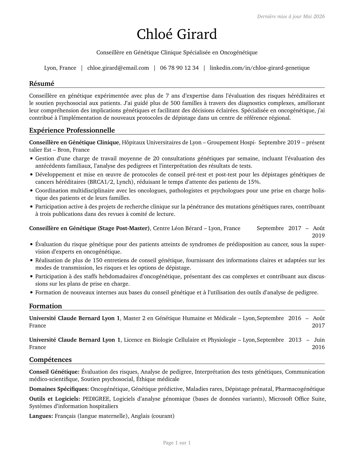 Genetic Counselors CV in French — page 1