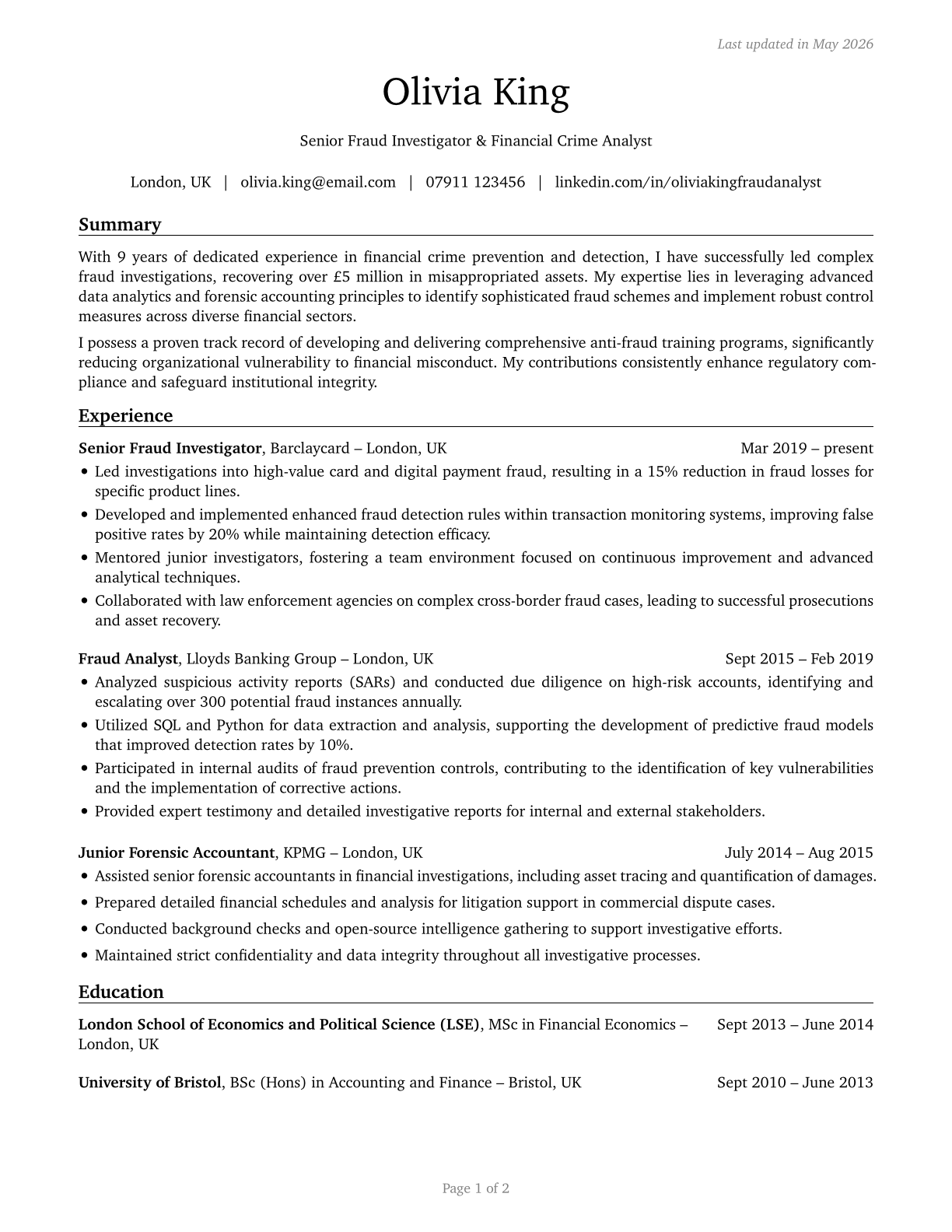 Fraud Examiners, Investigators and Analysts CV in English — page 1
