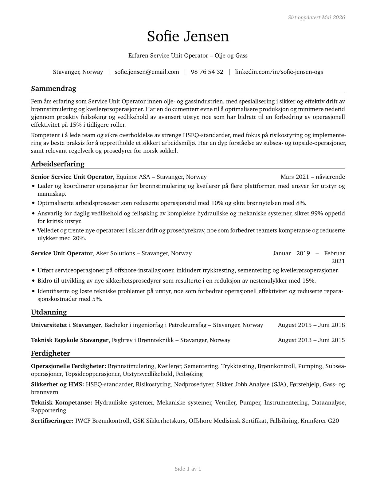 Service Unit Operators, Oil and Gas CV in Norwegian_bokmal — page 1