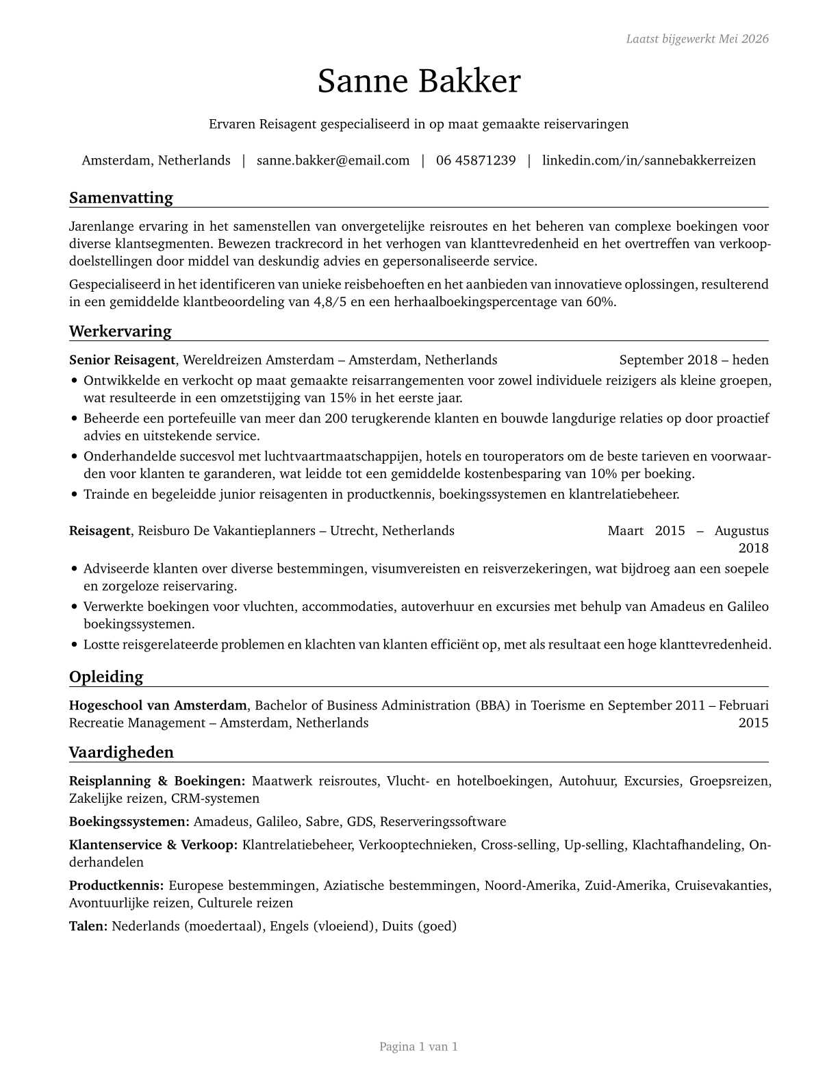 Travel Agents CV in Dutch — page 1