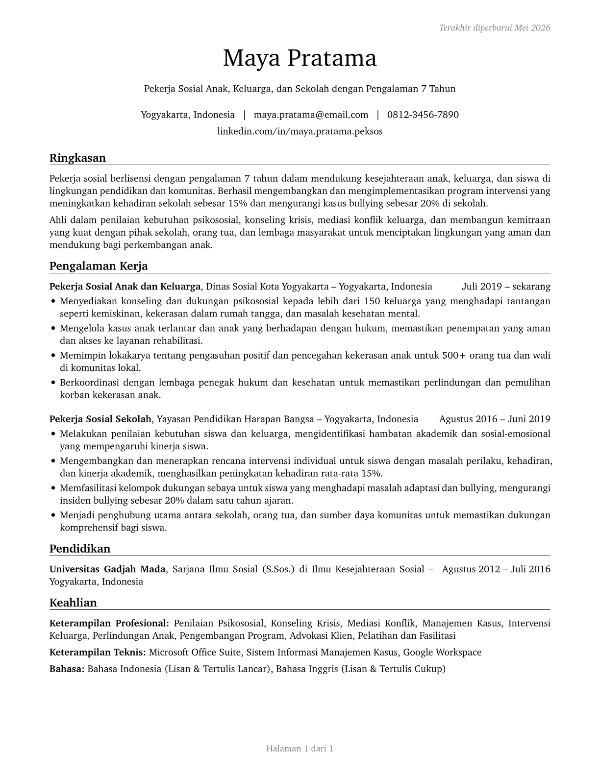 Child, Family, and School Social Workers CV in Indonesian — page 1