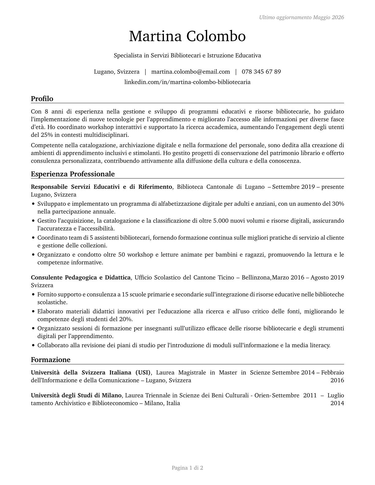 Educational Instruction and Library Workers, All Other CV in Italian — page 1