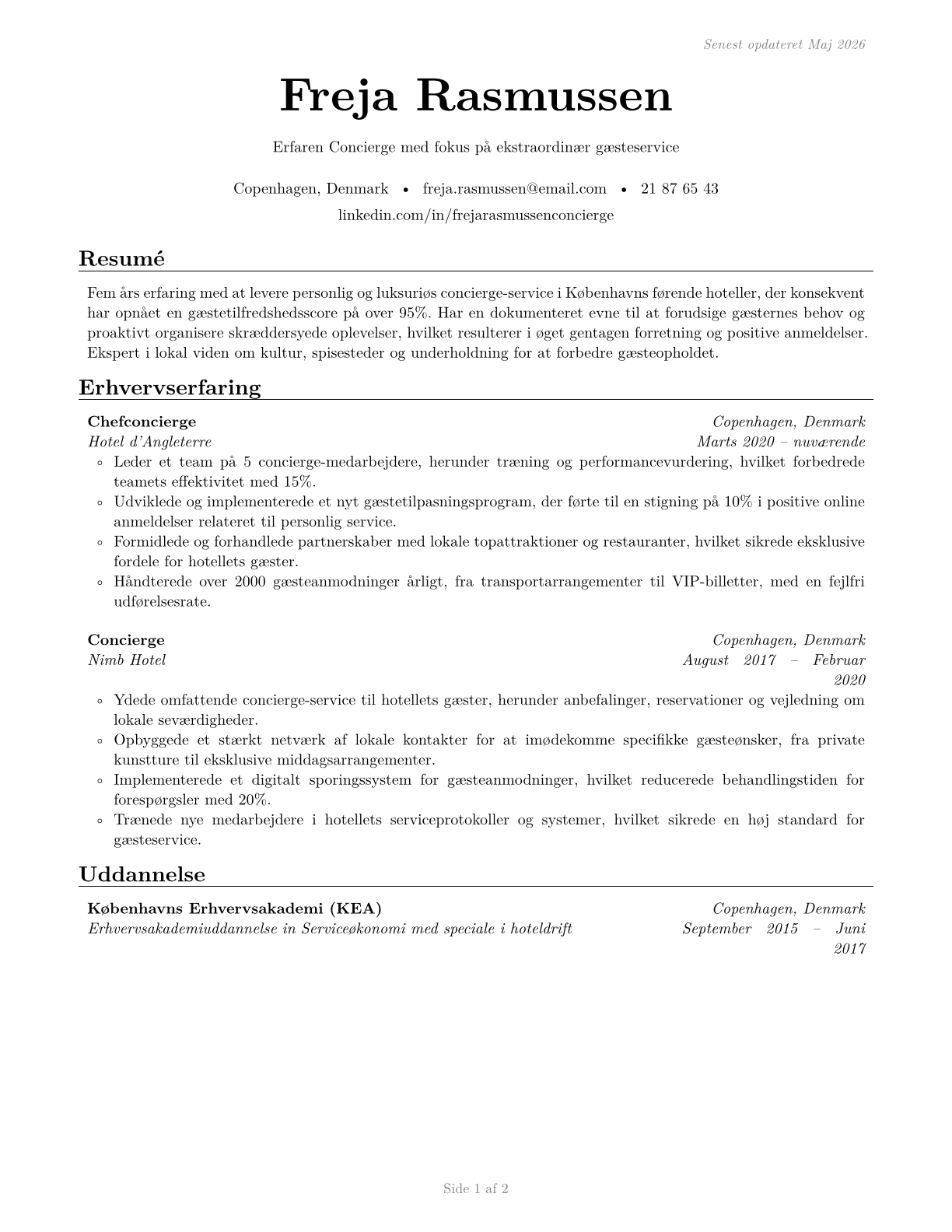 Concierges CV in Danish — page 1