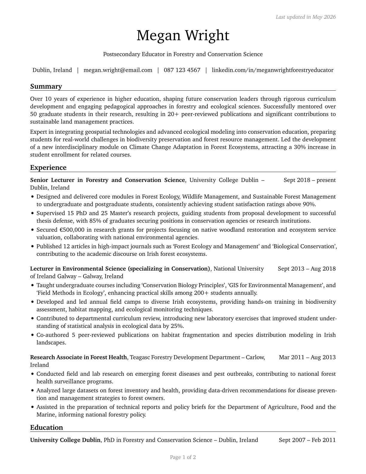 Forestry and Conservation Science Teachers, Postsecondary CV in English — page 1